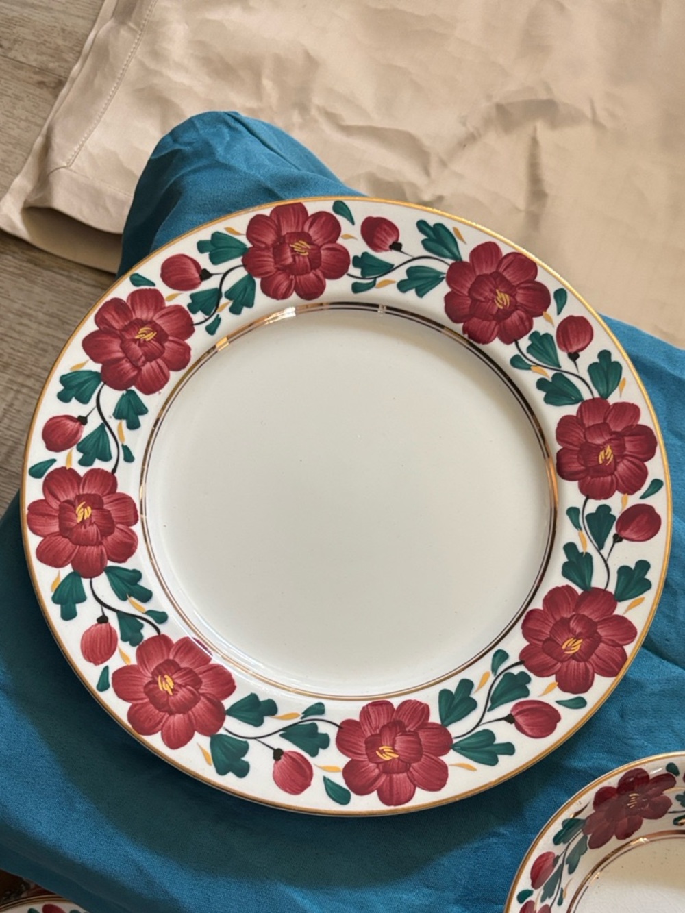 Red Floral Dinner Plate with Green Leaf Accents with Gold Trim